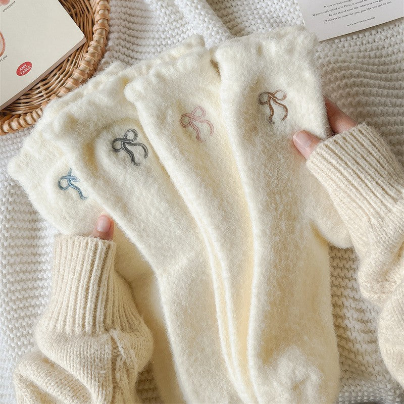 Winter Plush Solid Color Bow Embroidery Crew Socks