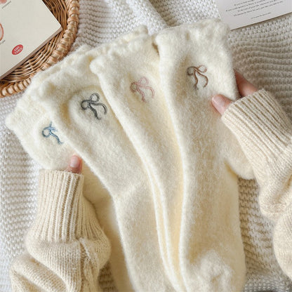 Winter Plush Solid Color Bow Embroidery Crew Socks