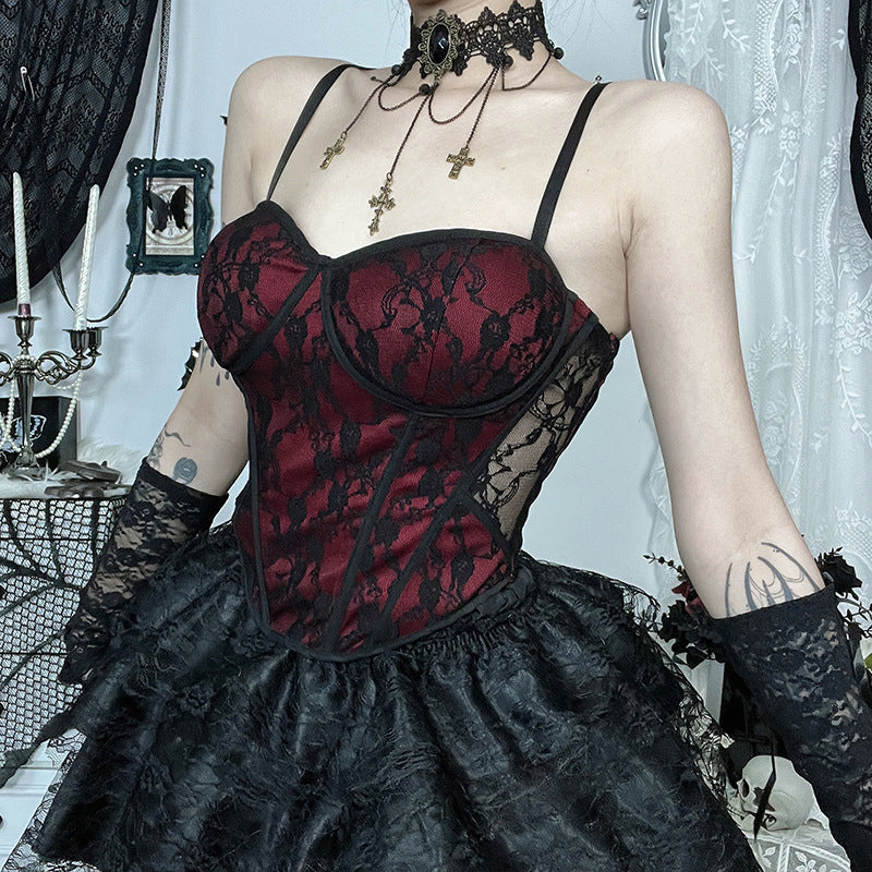 Dark Red Fishbone Tank Top Lace Goth Style Women