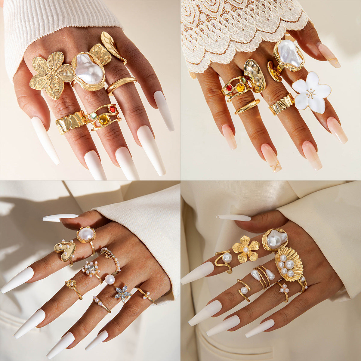 Flower-Decorated Pearl Ring Set Retro Baroque Geometric Rings