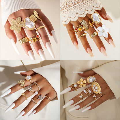 Flower-Decorated Pearl Ring Set Retro Baroque Geometric Rings