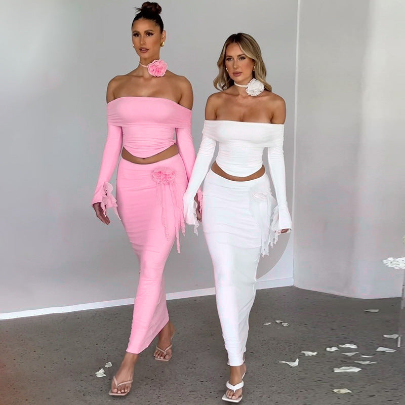 Elegant Fitted Off-Shoulder Long Sleeve Top and Skirt Set