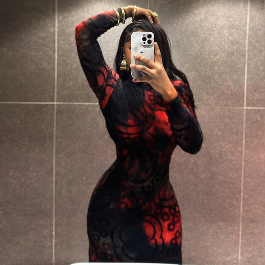 Color Block Bodycon Dress Abstract Print Long Sleeve High Collar