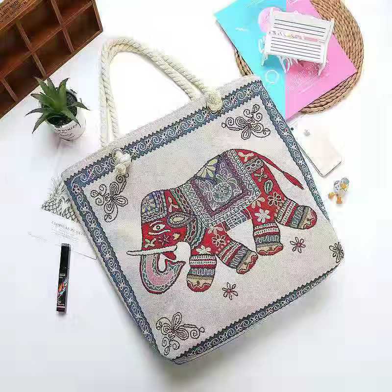 Double-Sided Ethnic Style Embroidery Bag Women'S Live Embroidery Peacock Elephant Canvas Bag