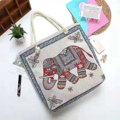 Double-Sided Ethnic Style Embroidery Bag Women'S Live Embroidery Peacock Elephant Canvas Bag