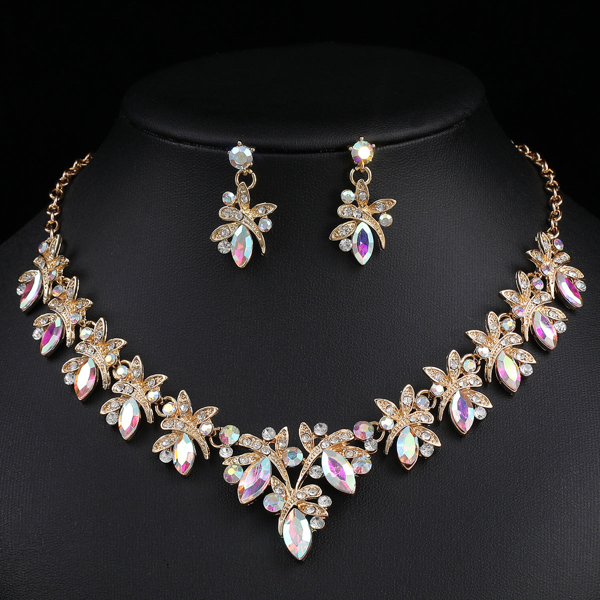 Dragonfly Jewelry Set - Alloy And Crystal Earrings And Necklace