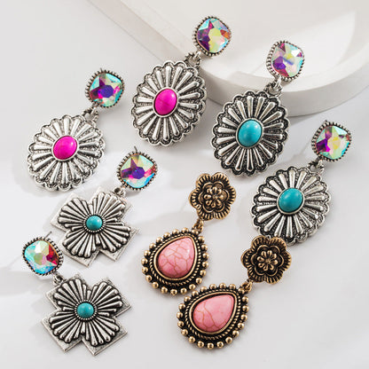 Turquoise Water Droplet Cross Earrings Vintage Style Creative Earrings for Women
