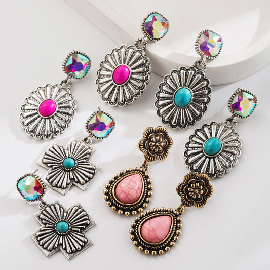 Turquoise Water Droplet Cross Earrings Vintage Style Creative Earrings for Women