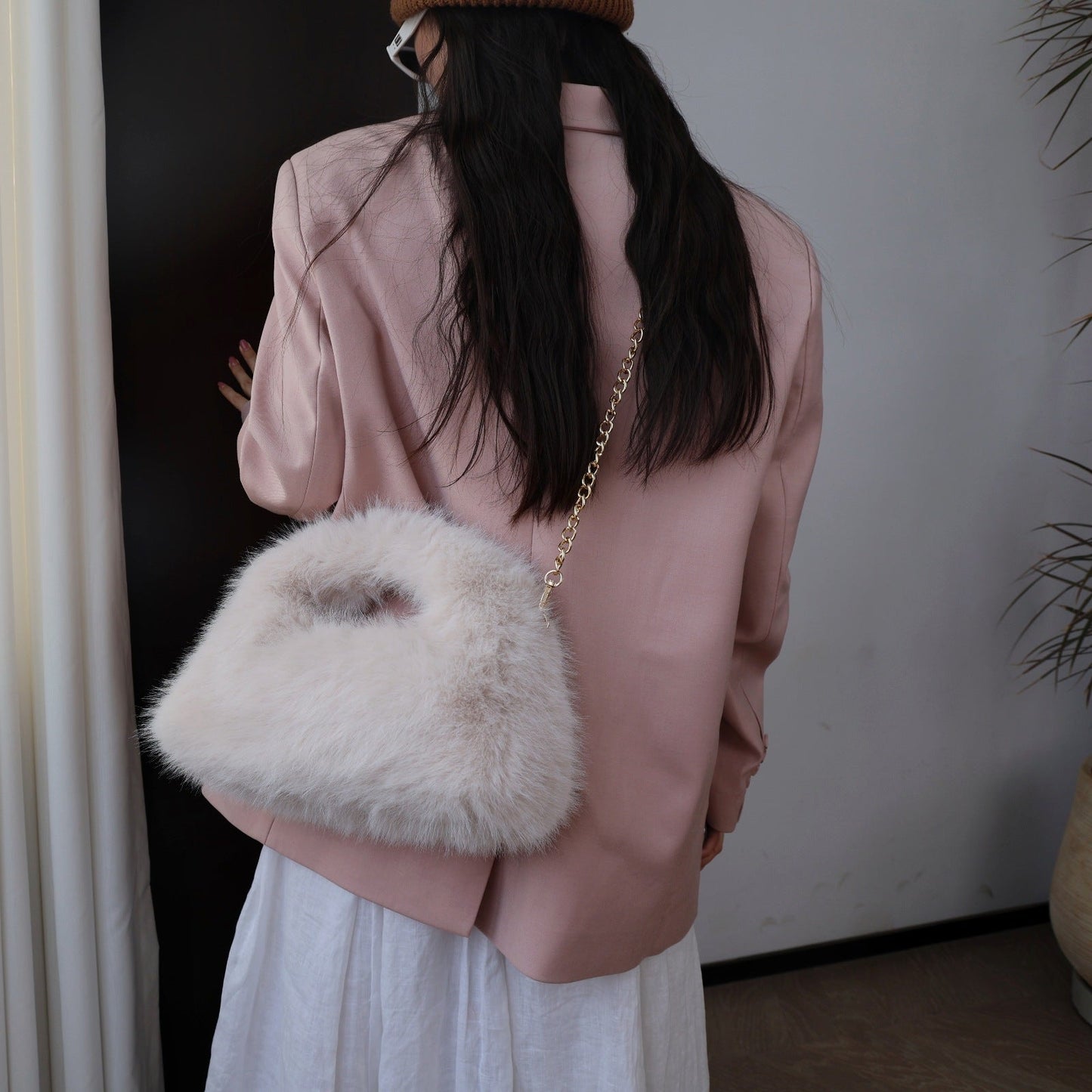 Solid Color Soft Fluffy Fur Tote Handbag