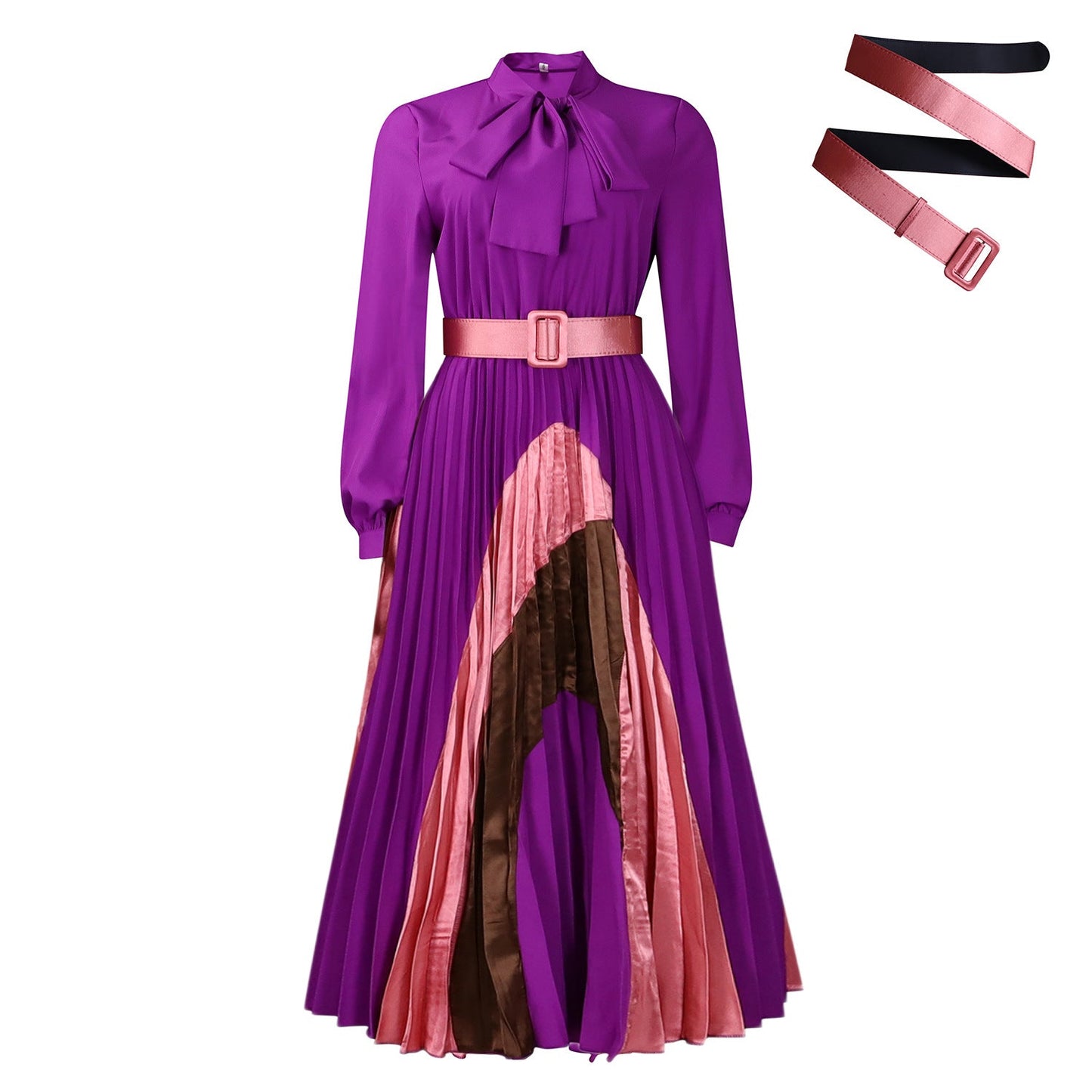 Elegant Color-Block A-Line Dress With Belt