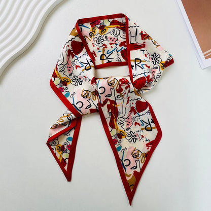 Print Narrow Long Satin Silk-Feel Scarf