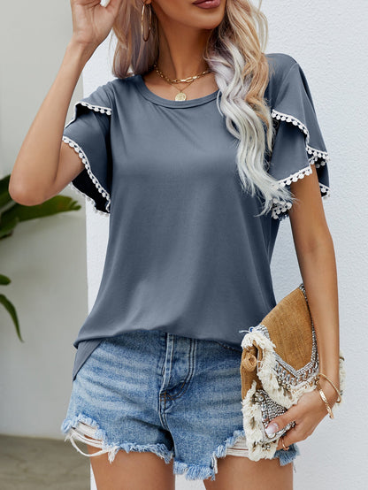 Summer New Round Neck Fringed Tulip Sleeve T-Shirt Casual Top Woman