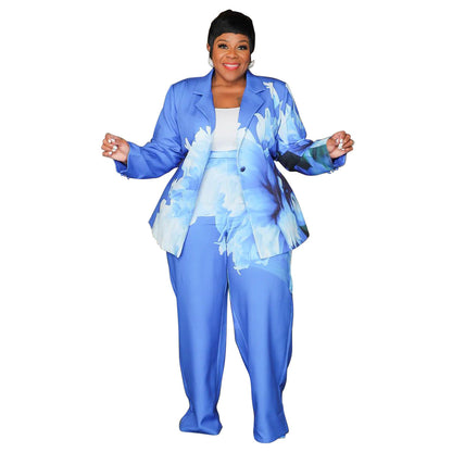Plus Size Printed Suit Set Casual Blazer And Pants