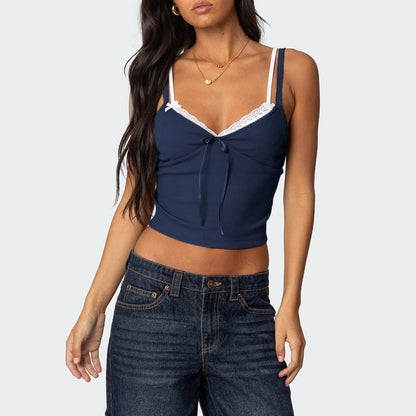 Lace Trim Color Block Cami Top with Bow Details