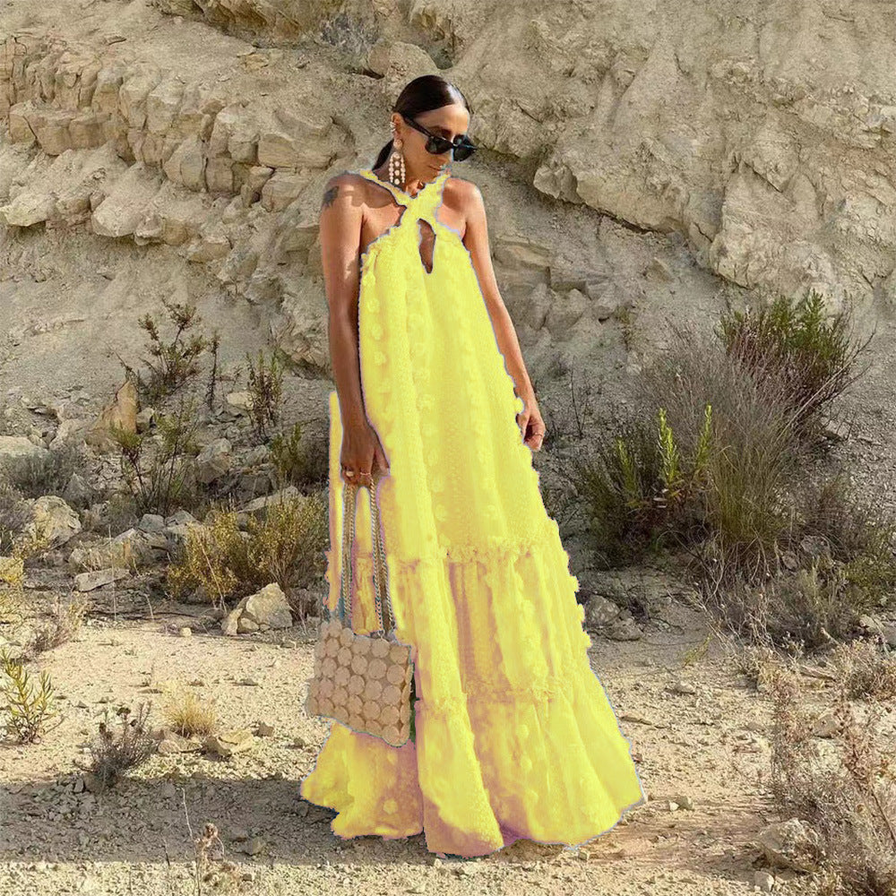 Fashionable Solid Color Maxi Dress with 3D Flower Embellishments