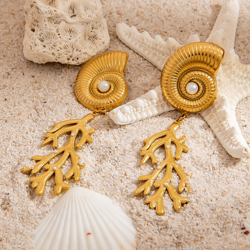 Coral Design Stainless Steel Shell Earrings Stylish Women's Jewelry