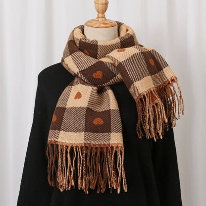 Sscarvii - Heart Print Plaid Winter Scarf