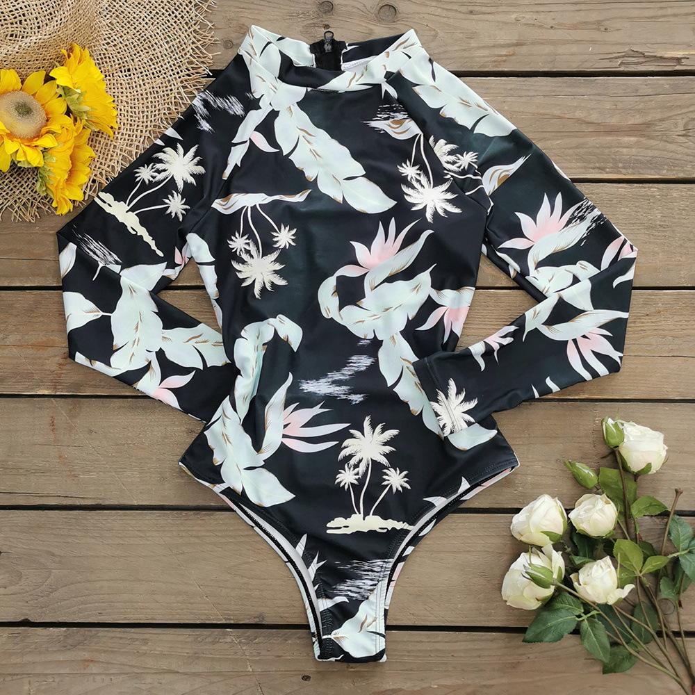 Long Sleeve Printed Swimsuit Women'S Bandage Hollow Surfing Beach
