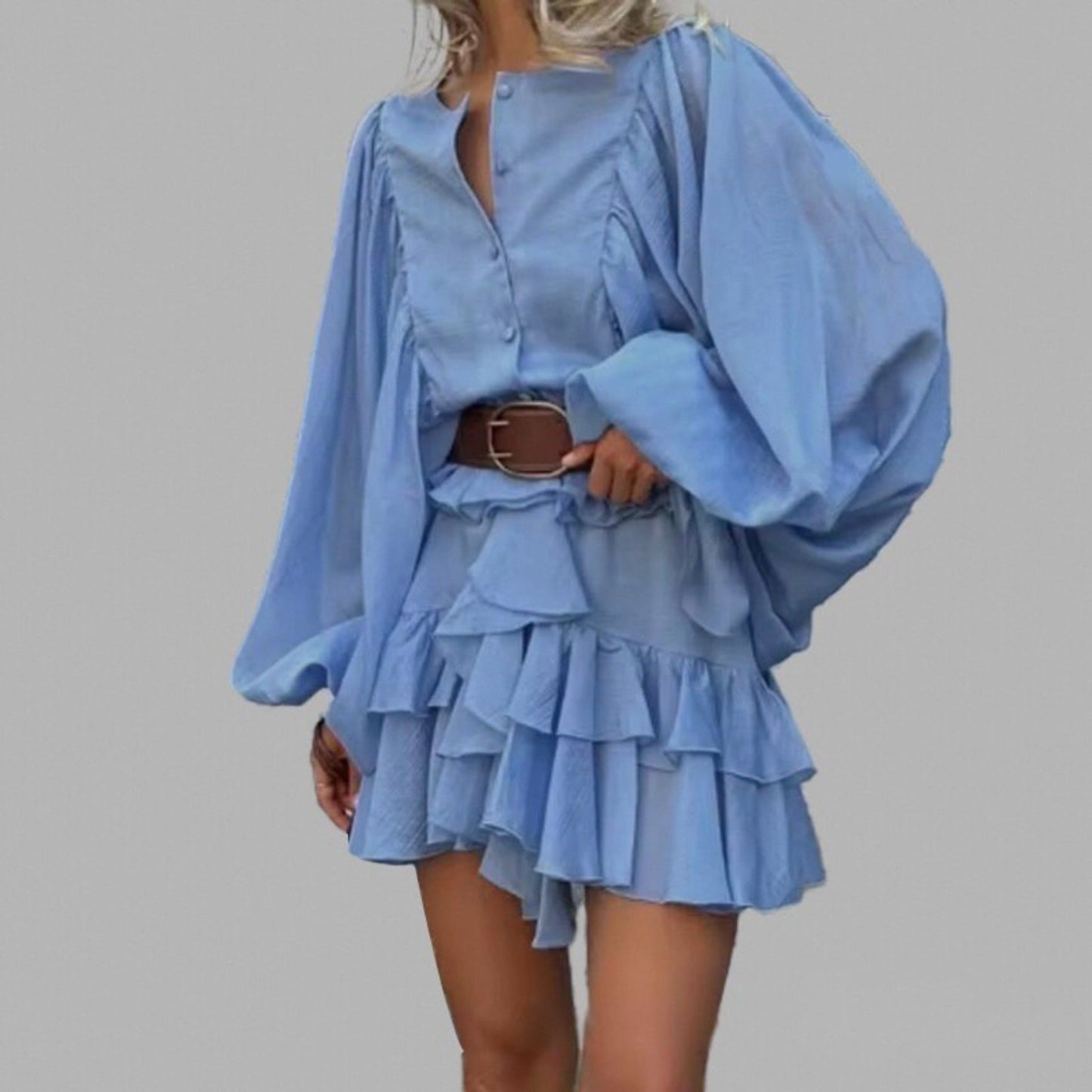 French High Waist Puff Sleeve Ruffled Mini Dress