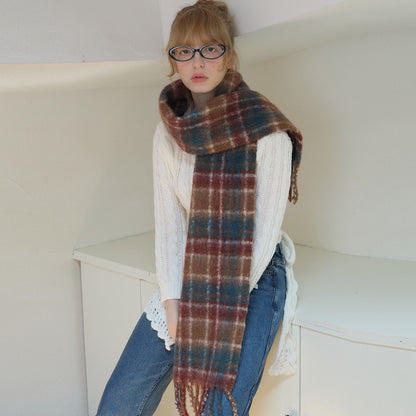 Vintage Plaid Scarf Soft Wool Blend for Women