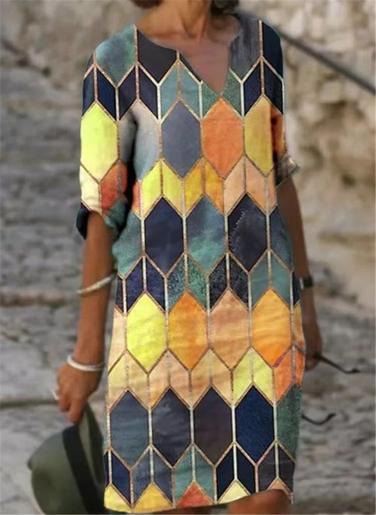 Abstract Print V-Neck A-Line Dress Comfortable Casual Fashion