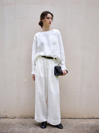 Loose Fit One-Shoulder Long Sleeve Linen Top for Women