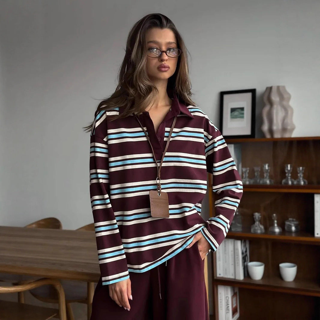 Striped Polo Shirt for Women Loose Fit Retro Style
