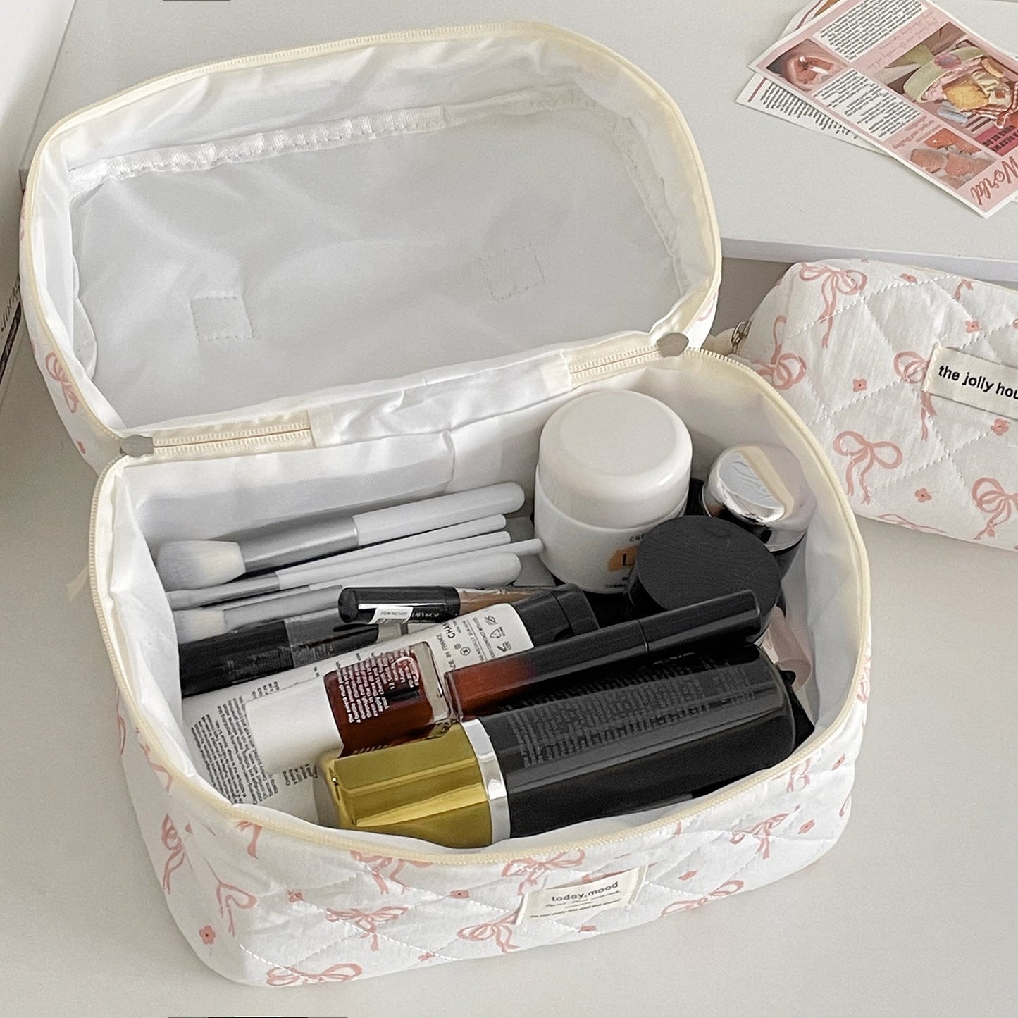 Pink Bow Print Sweet Portable Make Up Bag