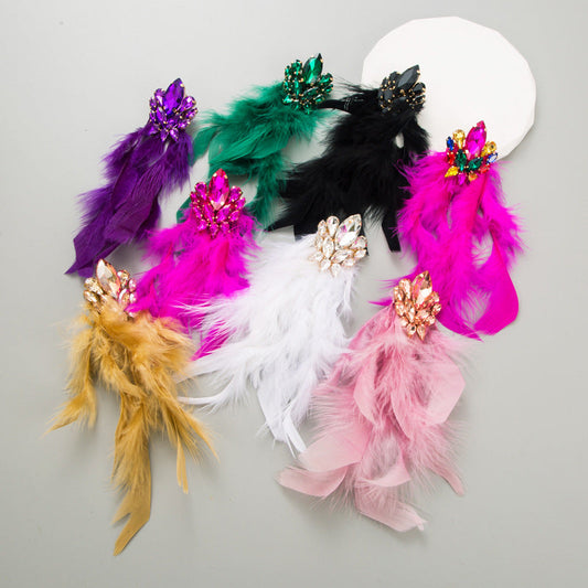 Bohemian Floral Alloy Rhinestone Long Feather Tassel Earrings