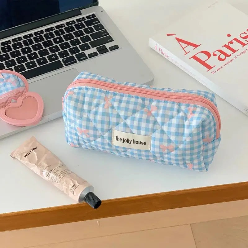 Large Capacity Plaid Bow Cosmetic Bag Retro Style