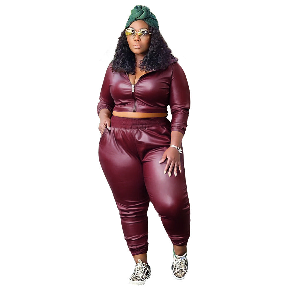 Plus Size Women'S Fashion Casual Two-Piece Pu Leather Set