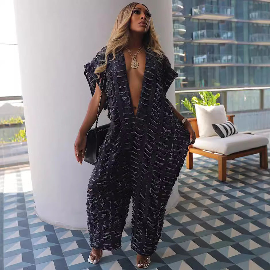 Loose Fit Denim Jumpsuit With Deep V Neck For Women