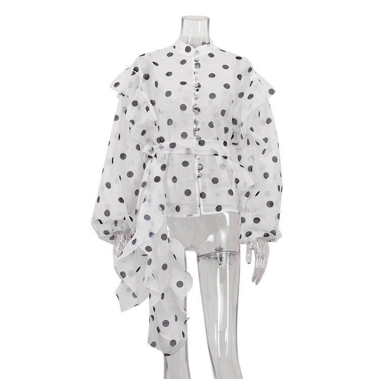 Polka Dot Ruffle Hem Long Sleeve Shirt