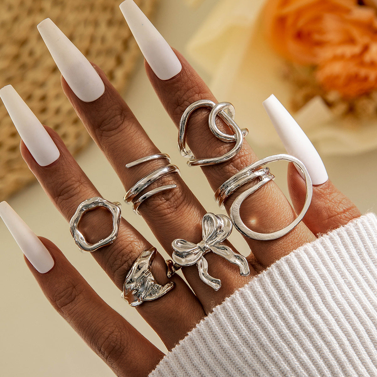 Geometric Hollow Statement Ring Set Stylish Mixed Metal Rings