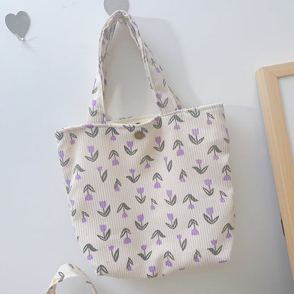 Floral Corduroy Tote Bag Stylish Casual Lunch Bag