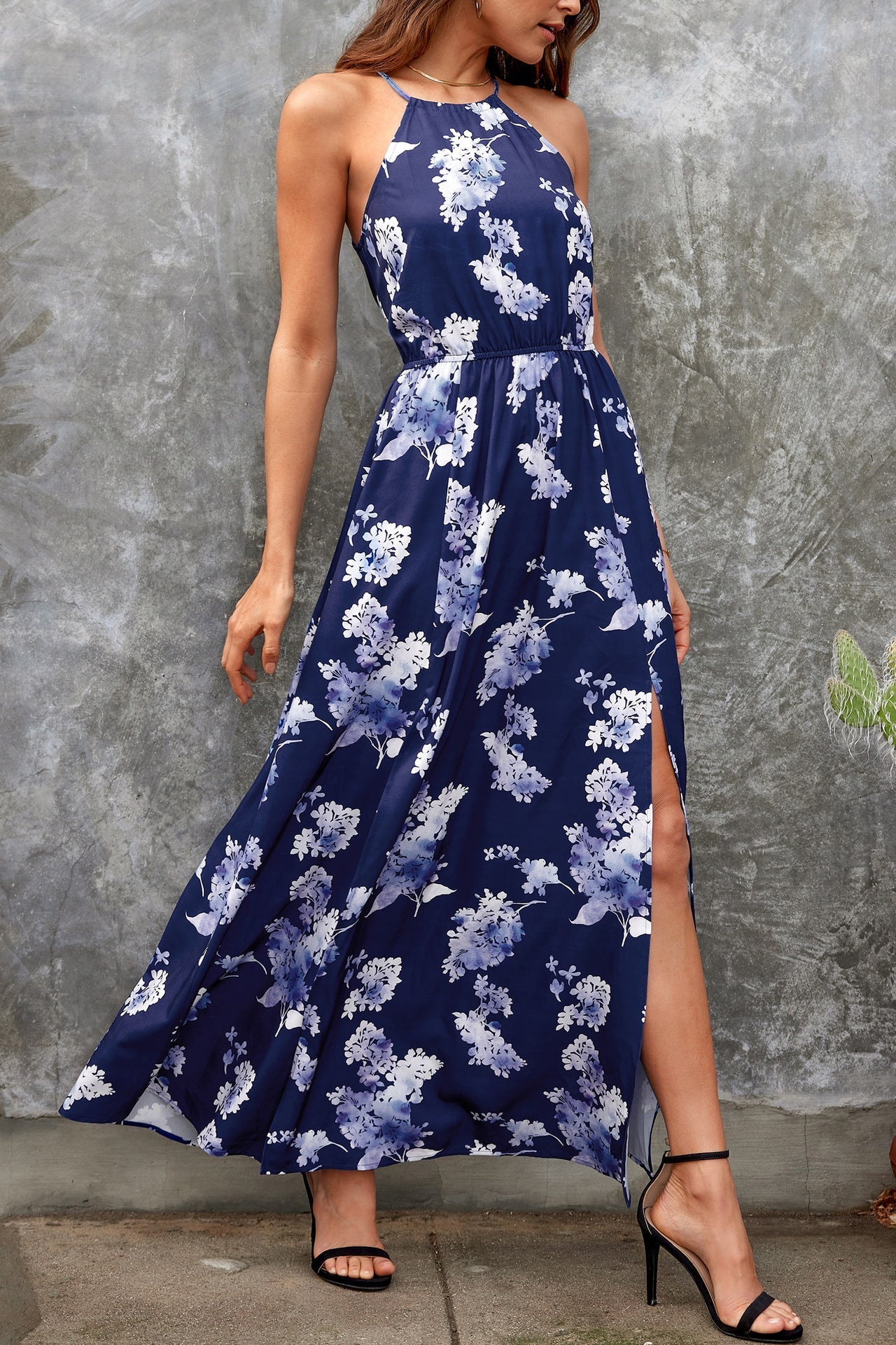 Halterneck Split Casual Resort Print Dress For Women