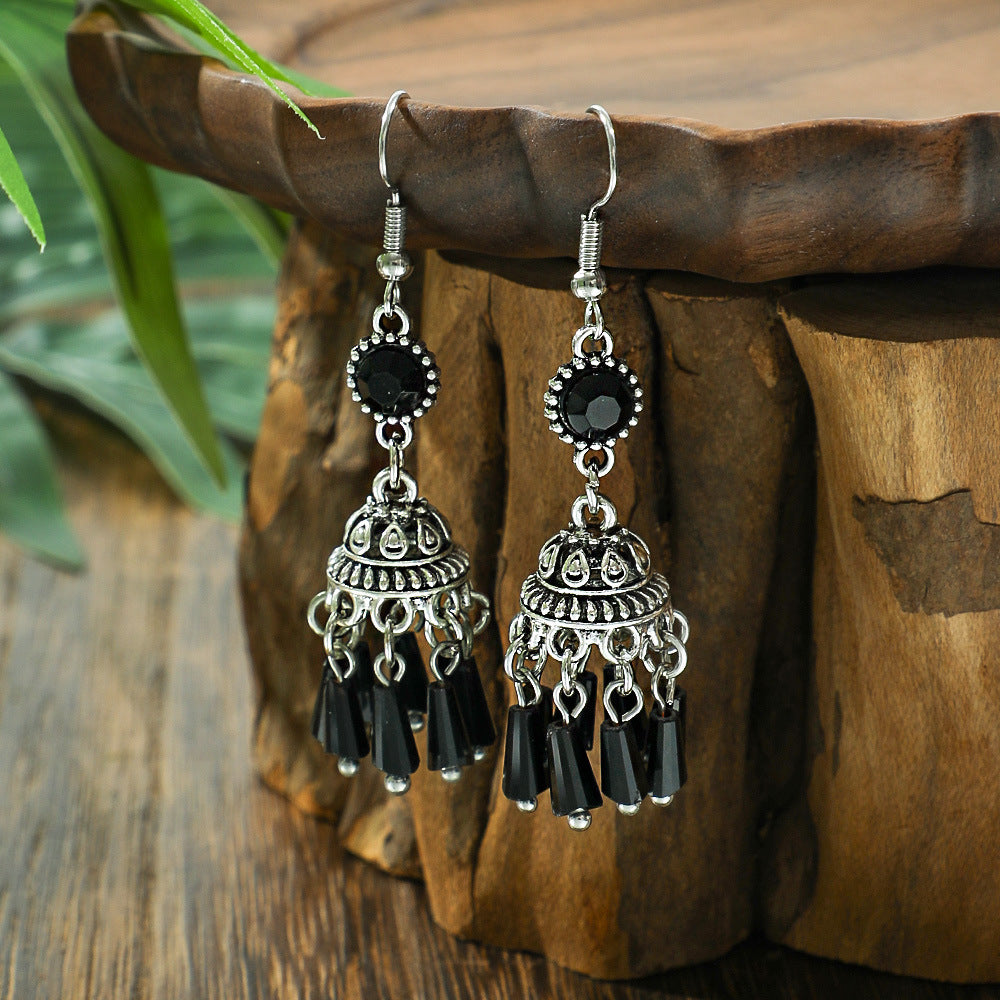 Black Crystal Tassel Lantern Earrings Vintage Inspired Fashion Jewelry