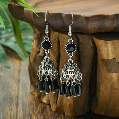 Black Crystal Tassel Lantern Earrings Vintage Inspired Fashion Jewelry