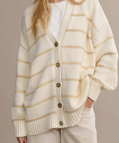 Striped V-Neck Color Block Button Down Cardigan