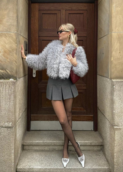 Plush Faux Fur Jacket Cropped Gray Style