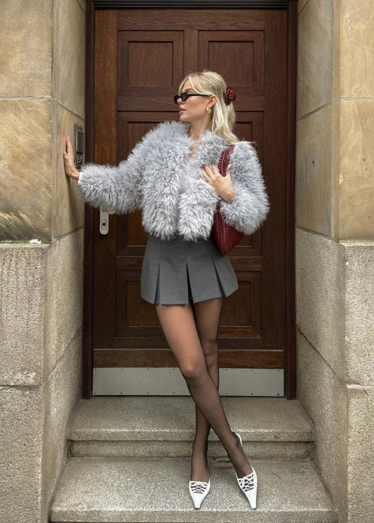 Plush Faux Fur Jacket Cropped Gray Style