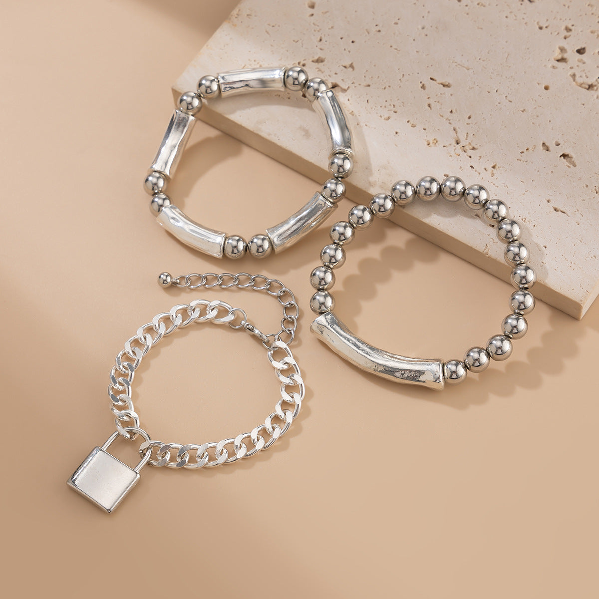 Punk Style Lock Pendant Bracelet With Unique Metal Tubes