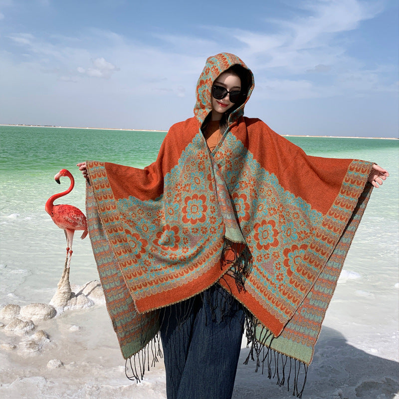 Ethnic Style New Split Shawl Women'S Cloak Scarf Thickened Warm Travel Coat Cloak