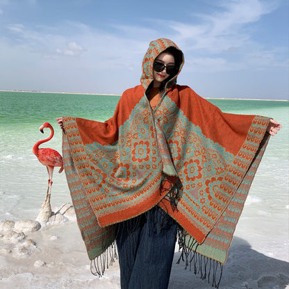 Ethnic Style New Split Shawl Women'S Cloak Scarf Thickened Warm Travel Coat Cloak