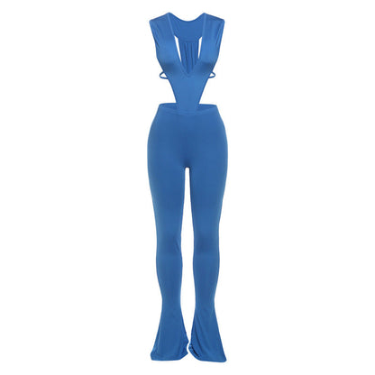 Trendy Deep V Neck Tie-Front Jumpsuit Slim Fit Outfit