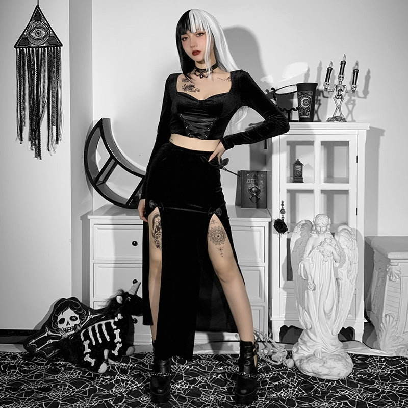 Punk Style High Waist Split Maxi Skirt with Bow