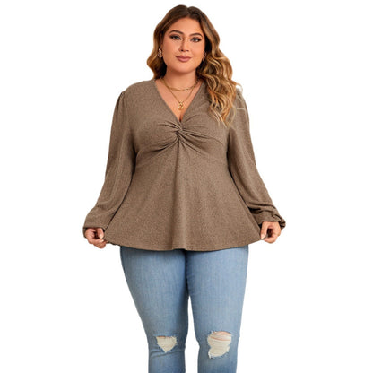 Casual V-Neck Long Sleeve Top For Plus Size Women
