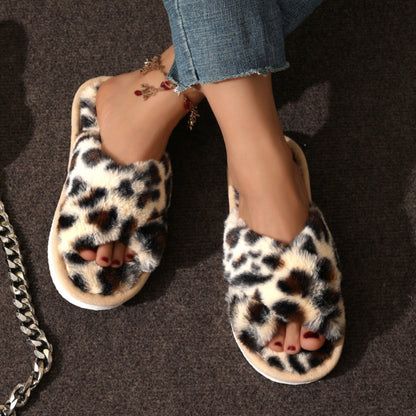 Fuzzy Cross Band Plush Home Slippers