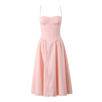 Solid Color Square Neck Pleated Midi Dress