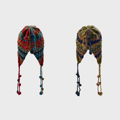 Vintage Tassel Pom Ear Flap Beanie Knit Hat